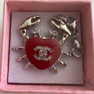 CHANEL Red and Silver Rhinestone Crab Heart Charm/Keychain